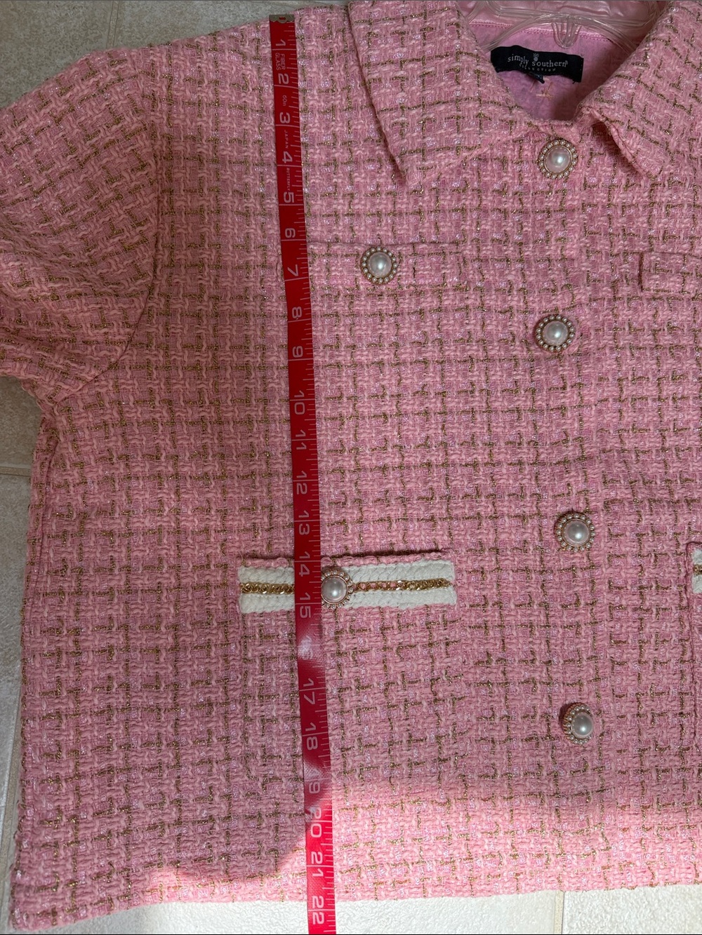 SIMPLY SOUTHERN Pink Tweed jacket size XXL w pearl buttons, gold treads - Picture 6 of 7